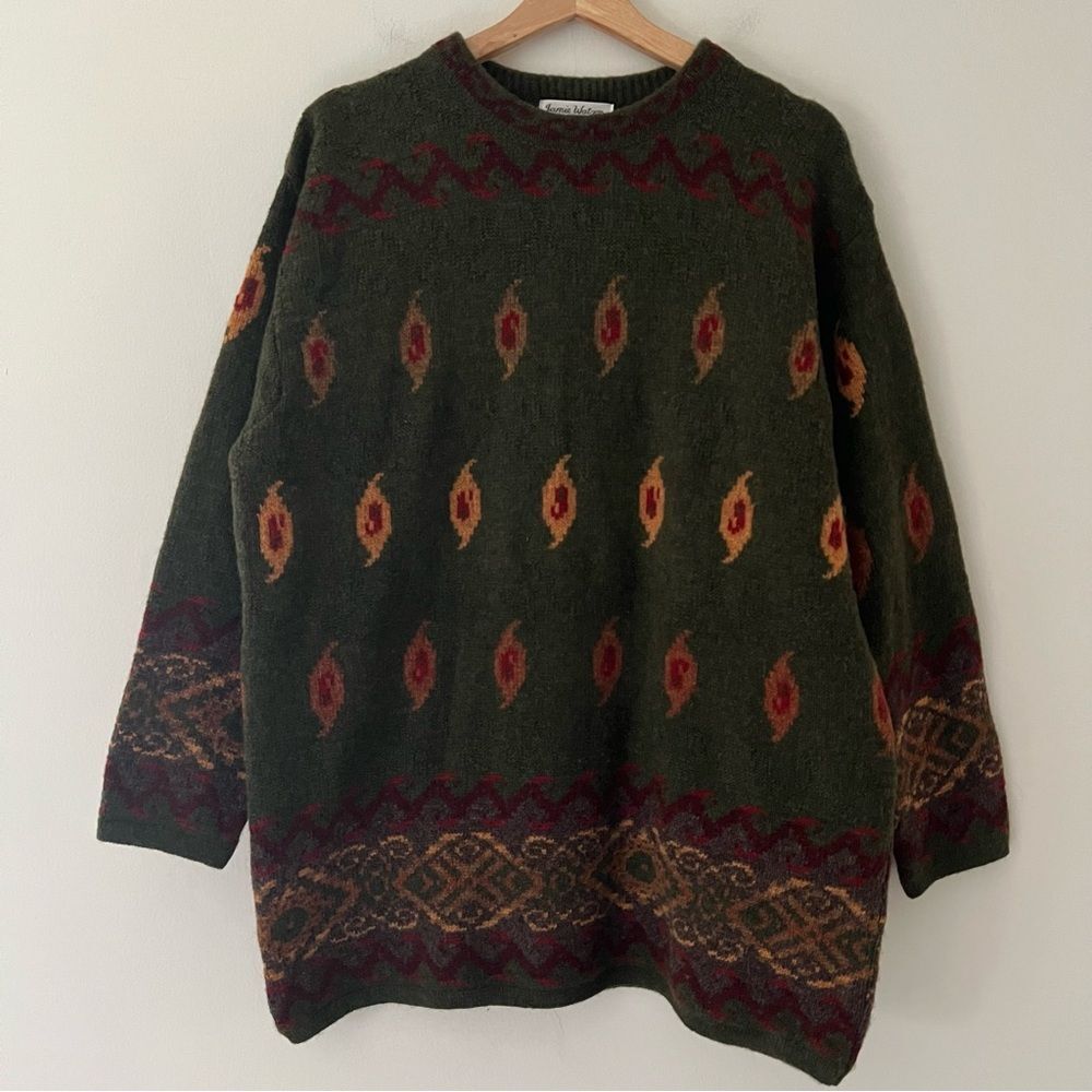 Vintage Jamie Watson Sweater Wool Crewneck Scottish Green Paisley Size XL